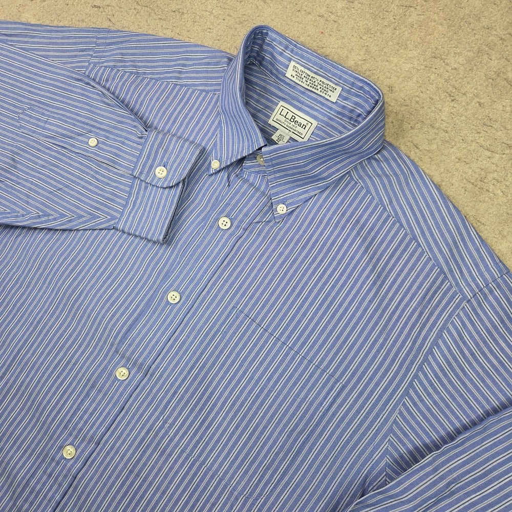 LL Bean Dress Shirt Mens 15.5 - 32 Blue Striped Button Down Long Sleeve